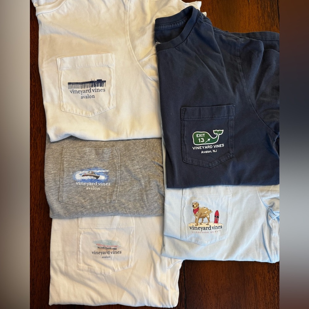 (5) Vineyard Vines Avalon NJ Pocket Tee Shirts in Navy, Light Blue, Grey XS & SM